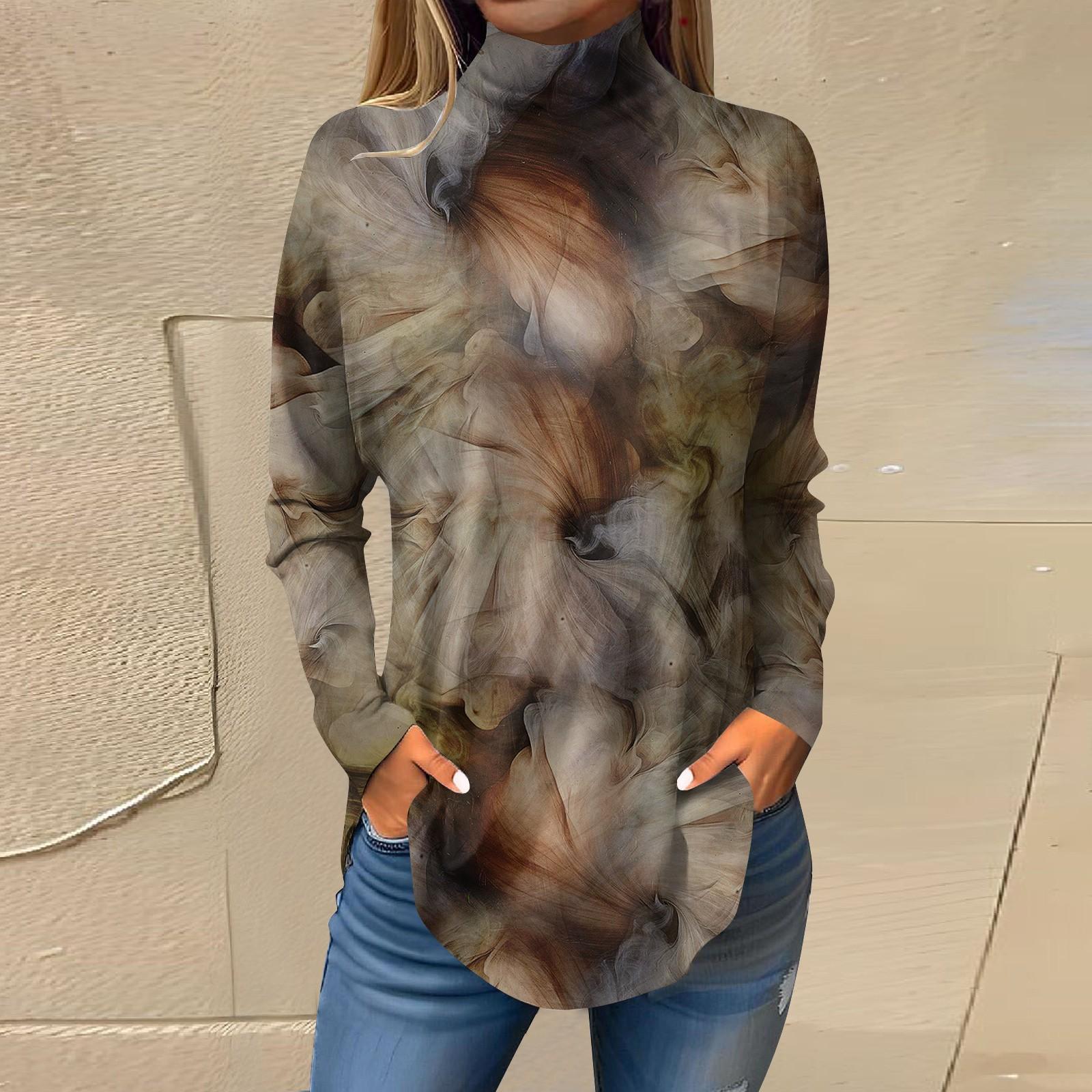 

Женская модная повседневная футболка с длинным рукавом с высоким воротом и принтом, пуловер, топ M