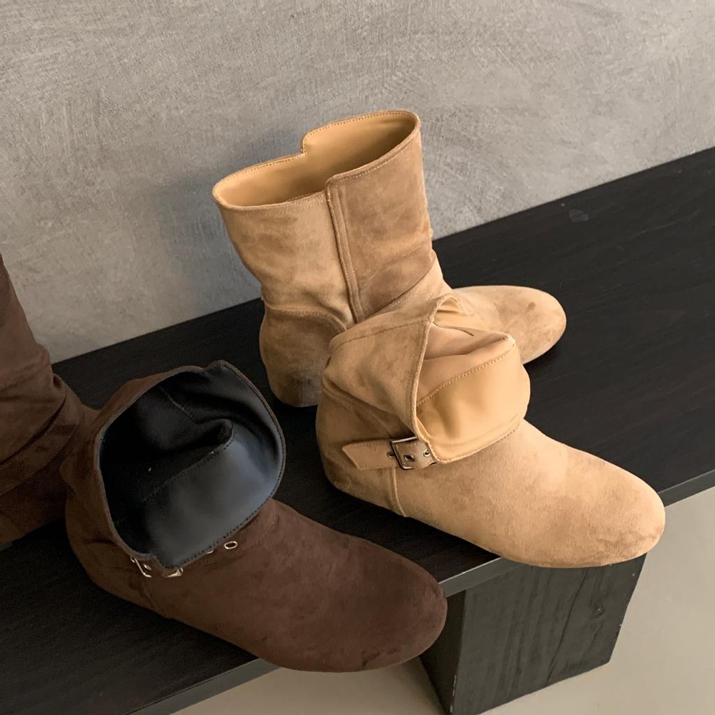 French retro inner heightening short boots autumn and winter new suede giant slim pile boots