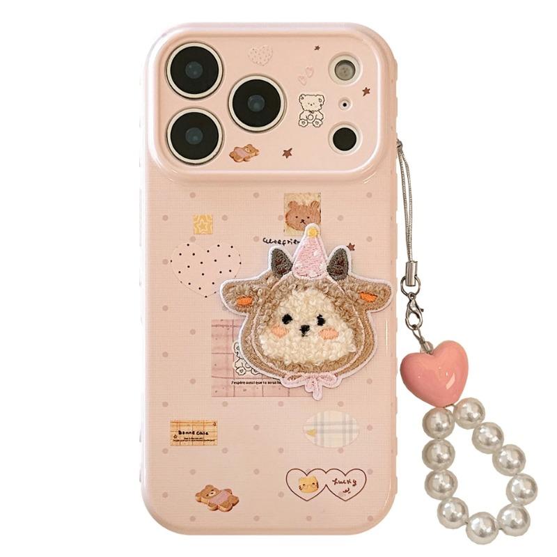 Phone Case With Chain For iPhone 17 16 15 14 13 12 Pro MAX 11 Cartoon Embroidery Plush Sheep Sticker Shockproof Soft Phone Cover