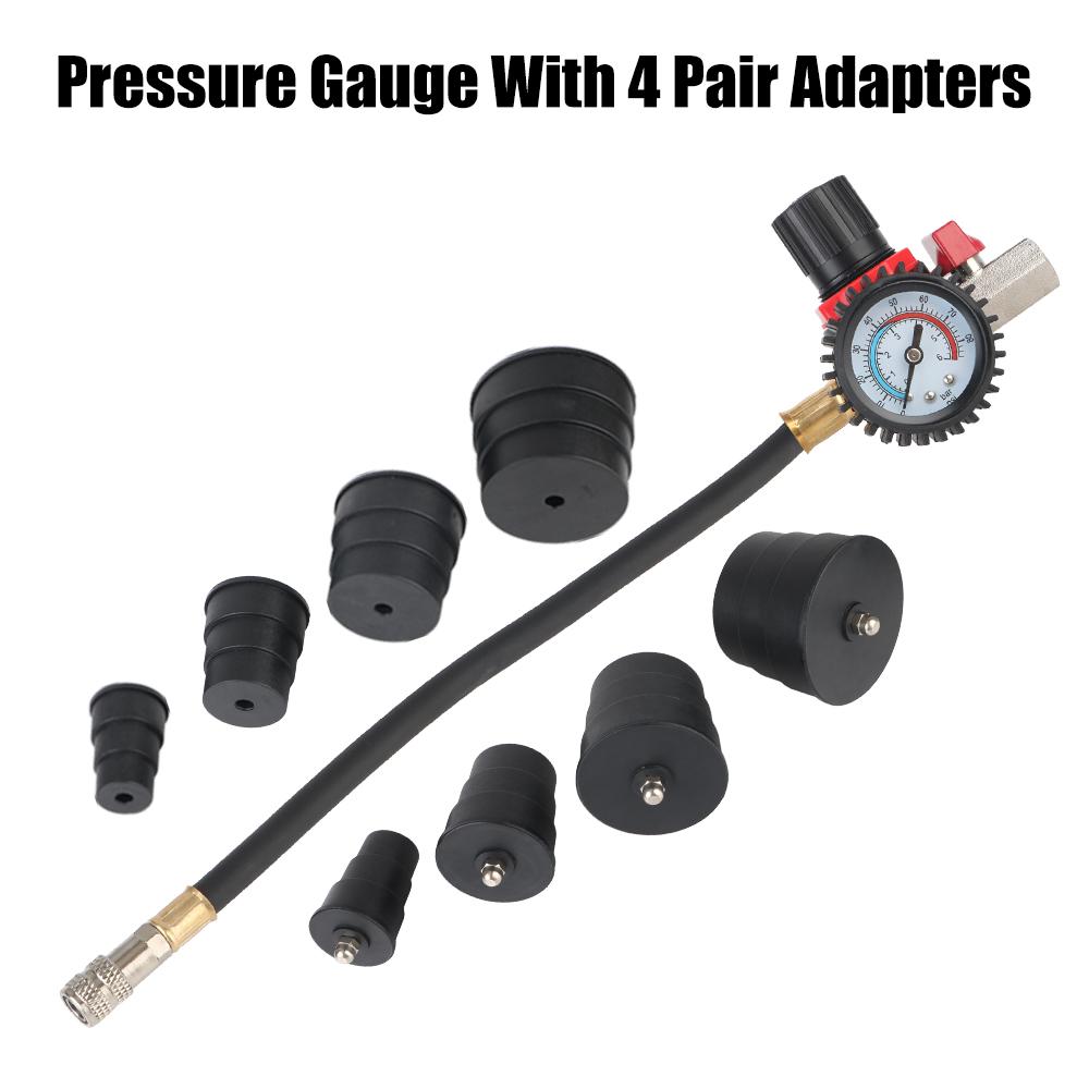 Auto Accessories 9pcs/Set Car Turbocharger System Leak Tester 1-3/8'' 35mm to 3-1/2'' 90mm Adapters 90psi/6bar With Pressure Gauge