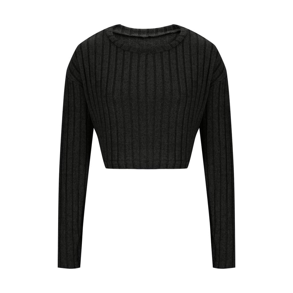 Women's Fashionable Solid Color Round Neck Long Sleeved Casual T-shirt Casual Top