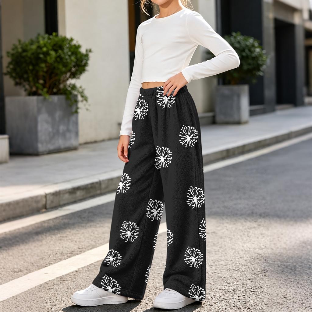 Girls' Flannel Printed Pants, Warm Loose Fit Casual Trousers for Fall and Winter