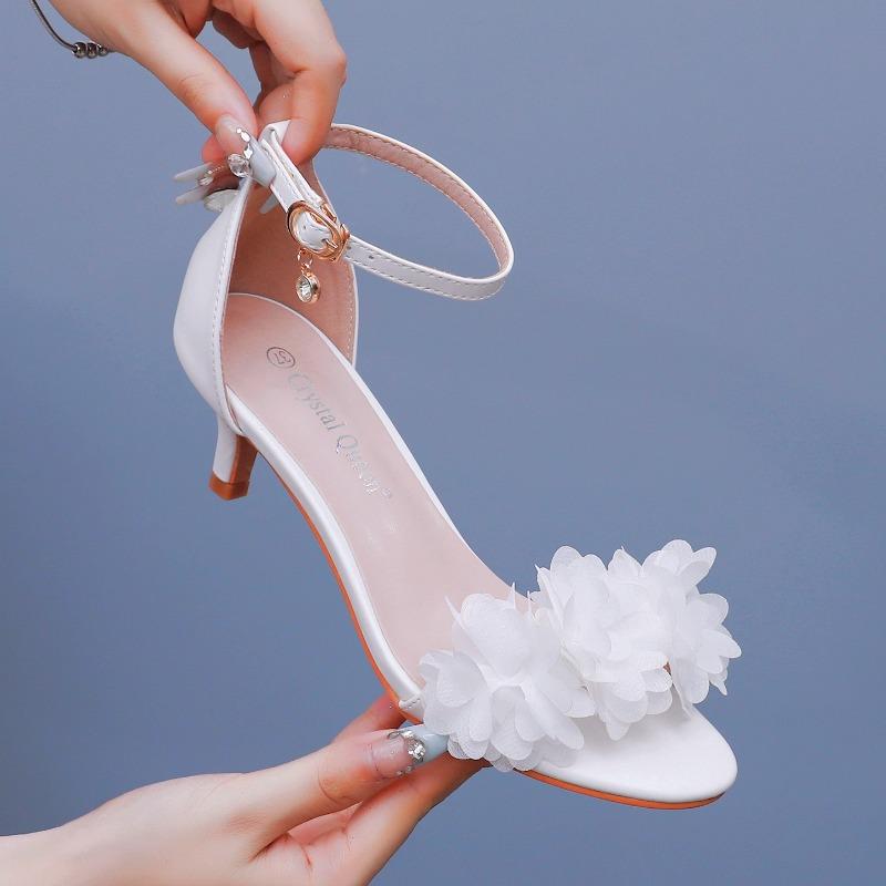 Women Pump Sexy Wedding Prom Sandals Buckle Strap PU 5CM Thin Heel Lace Flower Bridal Wedding Shoes Light Mouth White Women Shoe