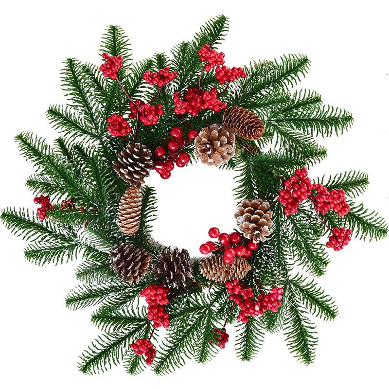 NUCHI Christmas Wreath with PE Leaves, White Pine Cones, and Red Berries - Door Hanging Ornament and Holiday Decoration