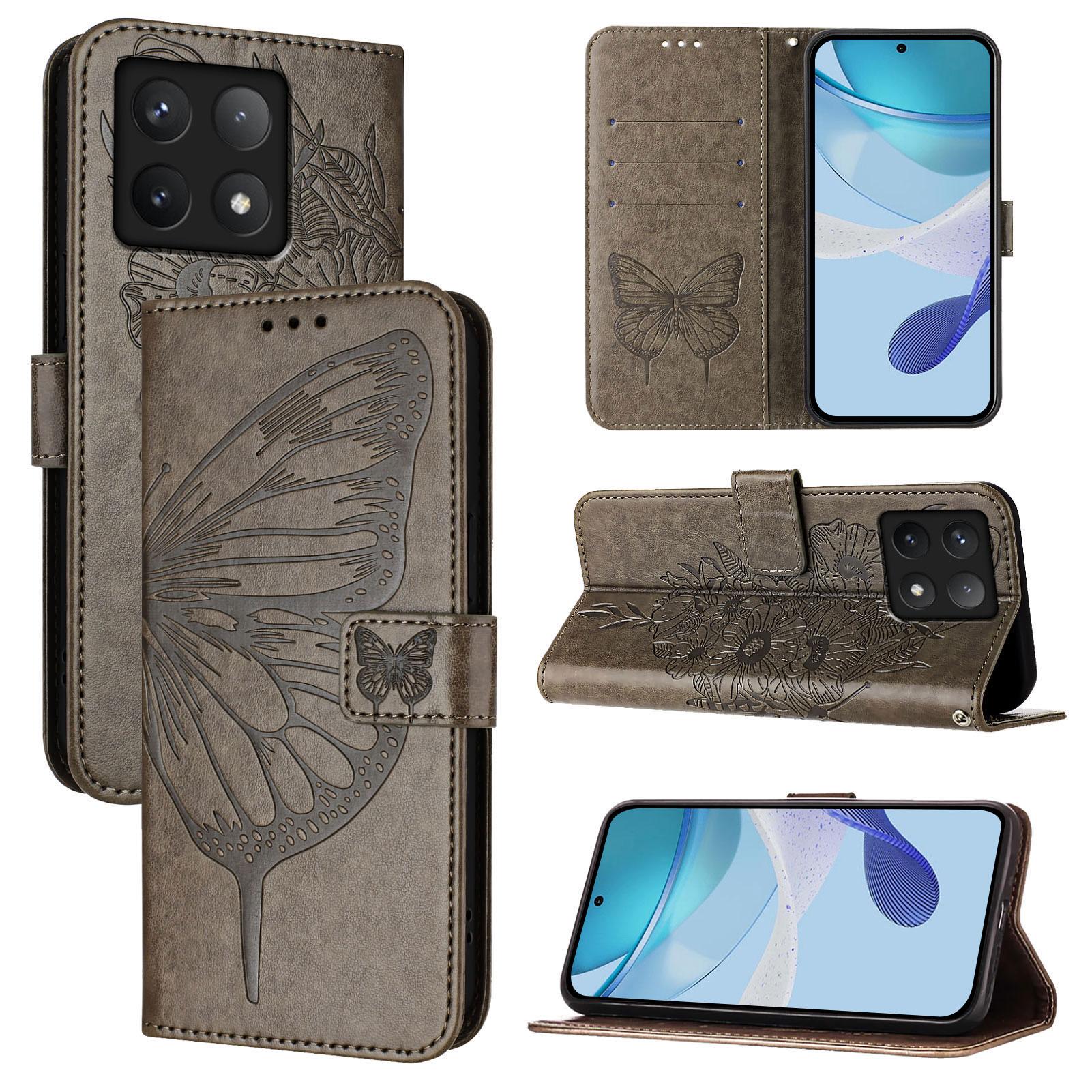 For Xiaomi 14T Pro Wallet Case with Wrist Strap Butterfly Imprint Leather Phone Cover C
