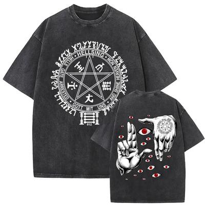 Camisetas de Anime Vintage Lavadas Hellsing Abraham Van Helsing Vampiro Alucard Doble Cara para Hombre Camisetas de Manga Corta de Manga Larga Estilo 90s Manga
