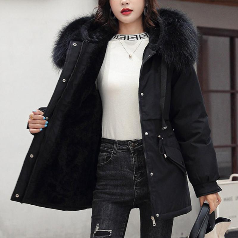 BITCED Women's Mid-Length Drawstring Cotton Coat with Fleece Lining Loose-Fit Puffer Jacket with Down-Fill Cotton Padding Winter Outerwear