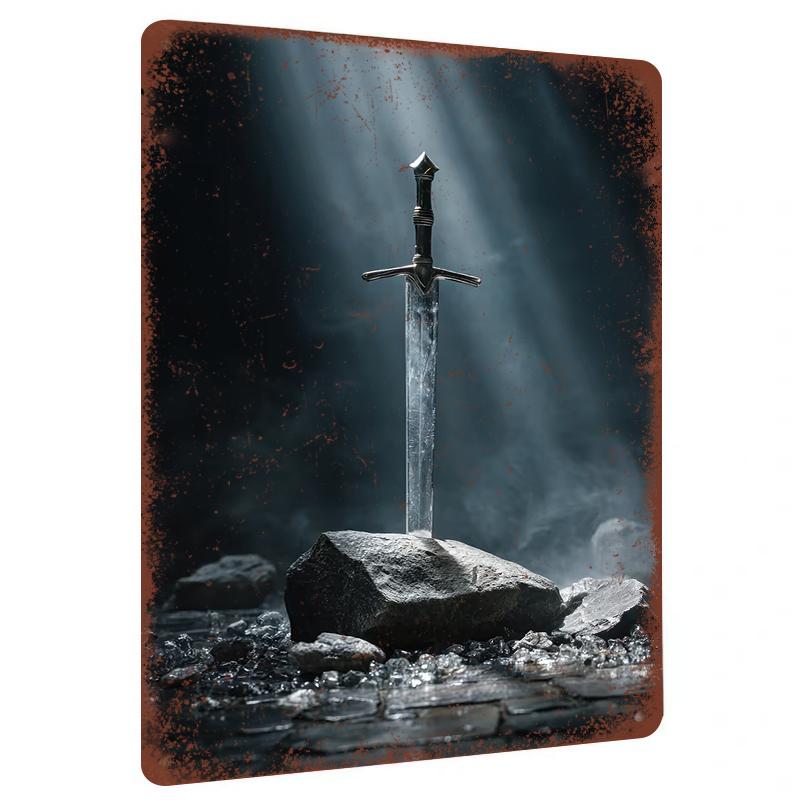 Medieval Crystal Excalibur in Stone Metal Wall Art Home Decor Living Room Study Bar Hanging Painting