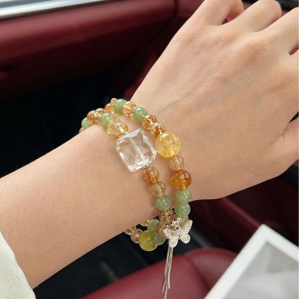 Green Forest Original Crystal Bracelet with Xiuyu Yellow Tower Crystal and White Crystal, Fresh and Natural Women's Double-Loop Wrist Accessory