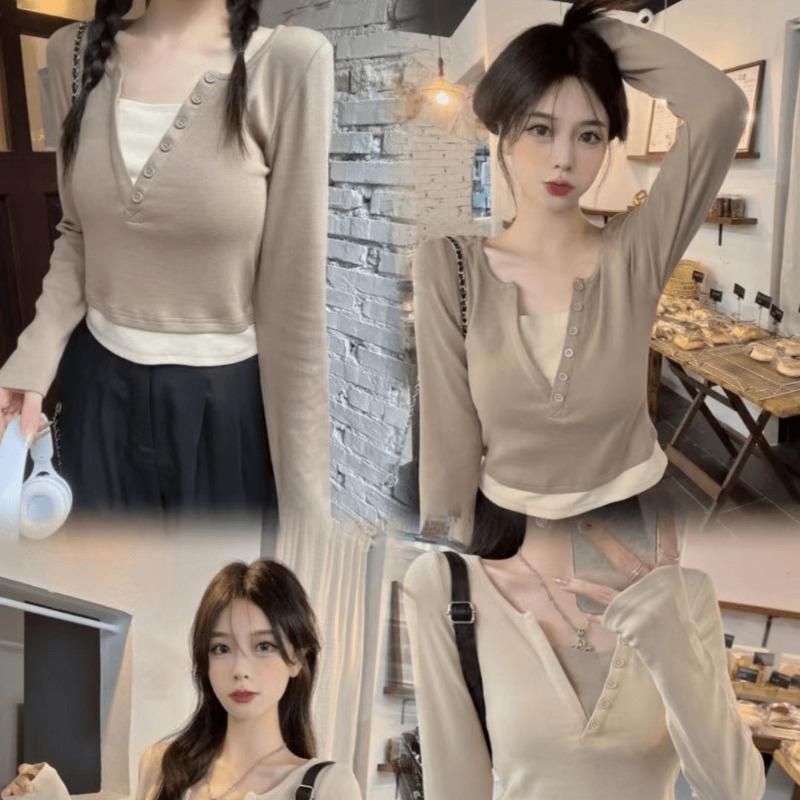 High-end tight and thin collar fake two-piece long-sleeved shirt women's autumn sweet and spicy bm style inner top