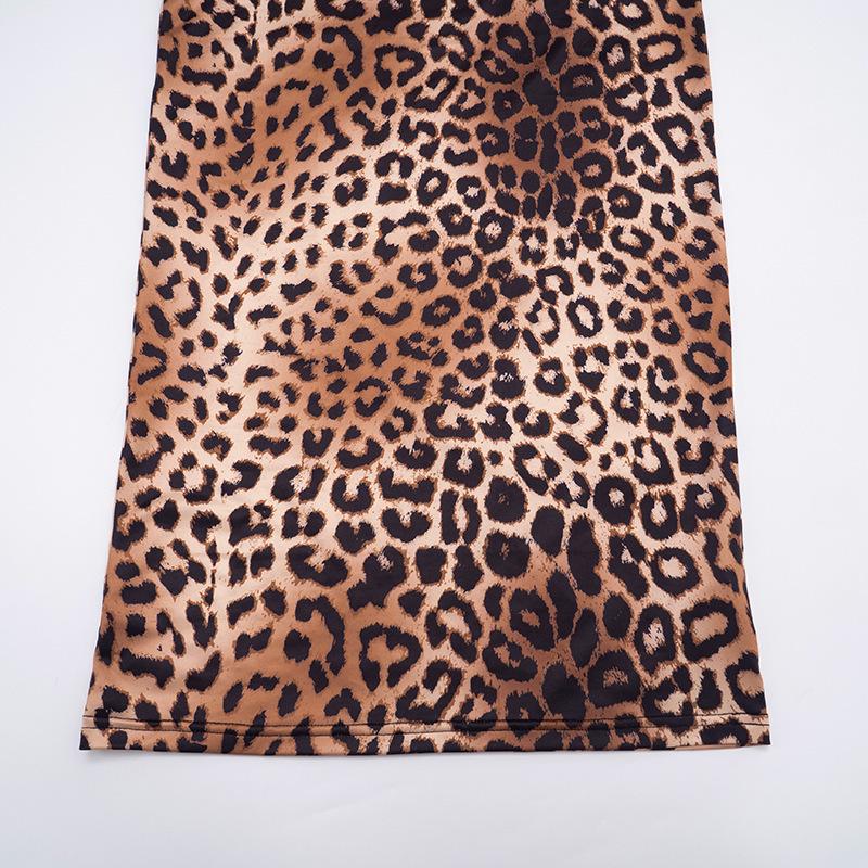 European & American Women's Autumn Leopard Print Hollow Out Long Sleeve Cropped Slim Fit Dress