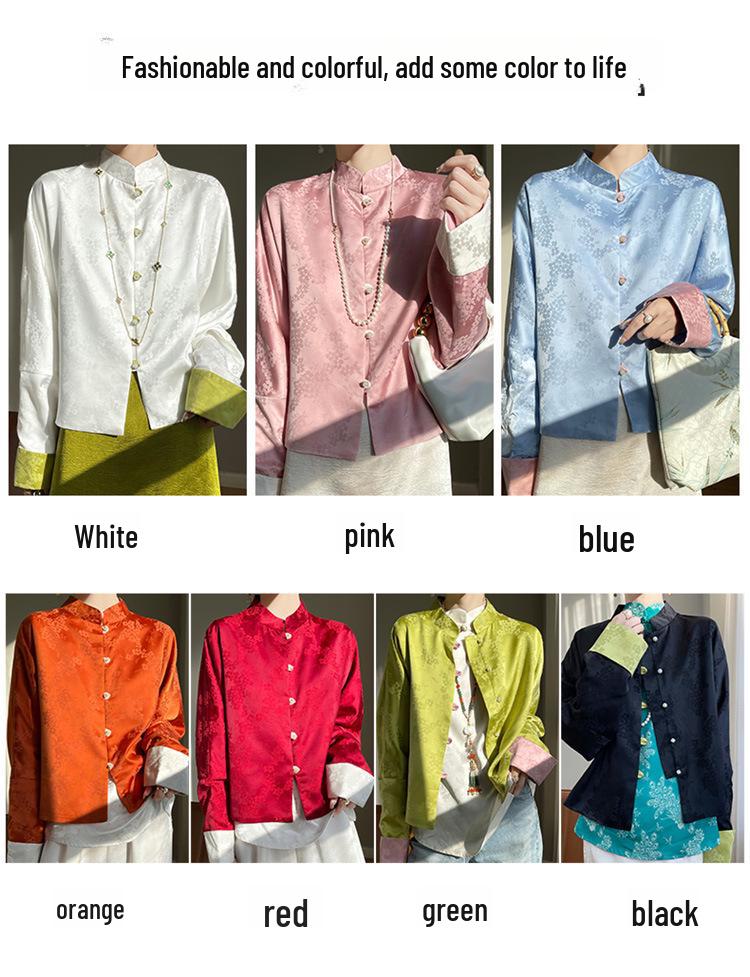 Women's Retro Satin Mandarin Collar Cardigan - Loose Fit, Light National Style Tang Jacket