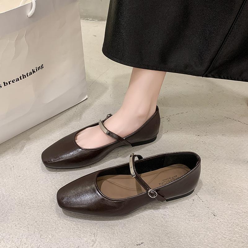 French square head Mary Jane shoes women's flat 2025 spring retro style soft leather low-heeled single shoes light mouth fashion women's shoes