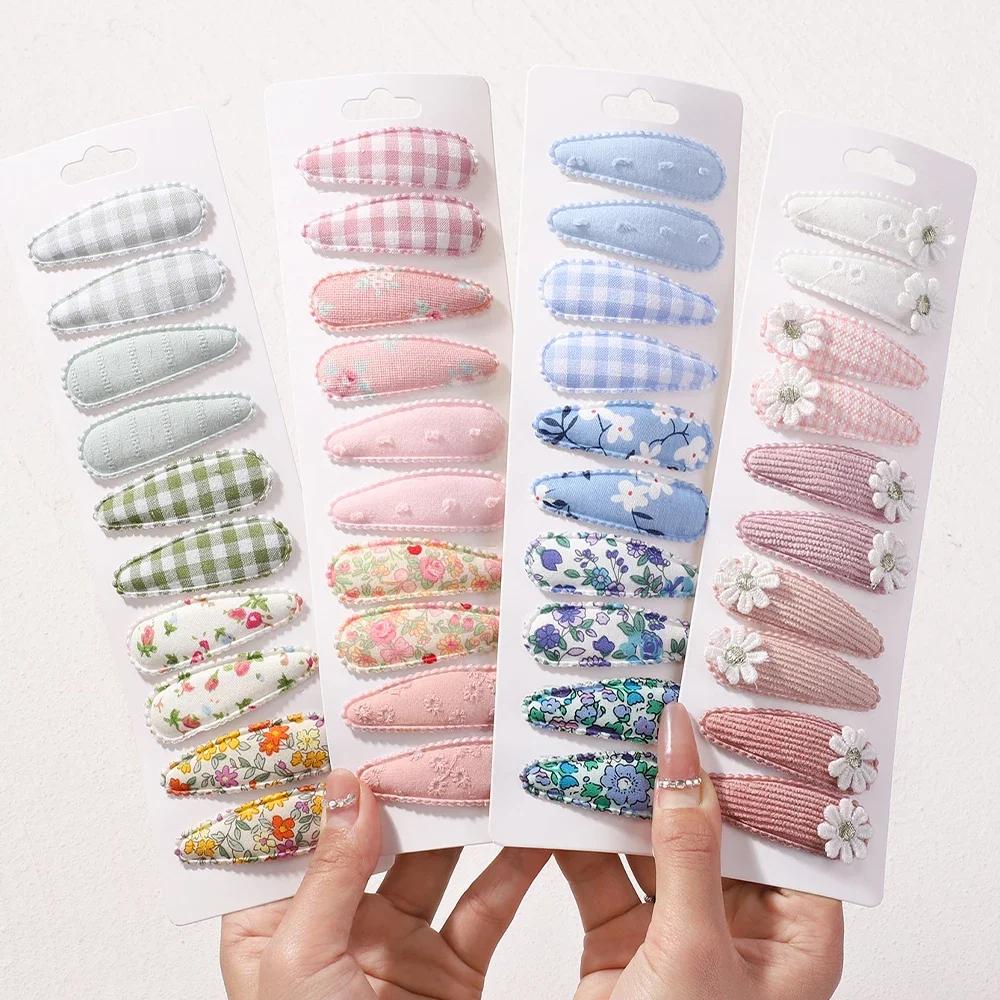 10pcs/set Fresh Print Cotton Alloy Hair Clips for Baby Kids Fabric Plaid BB Hairpins Todller Hairgripe Headwear Hair Accessories