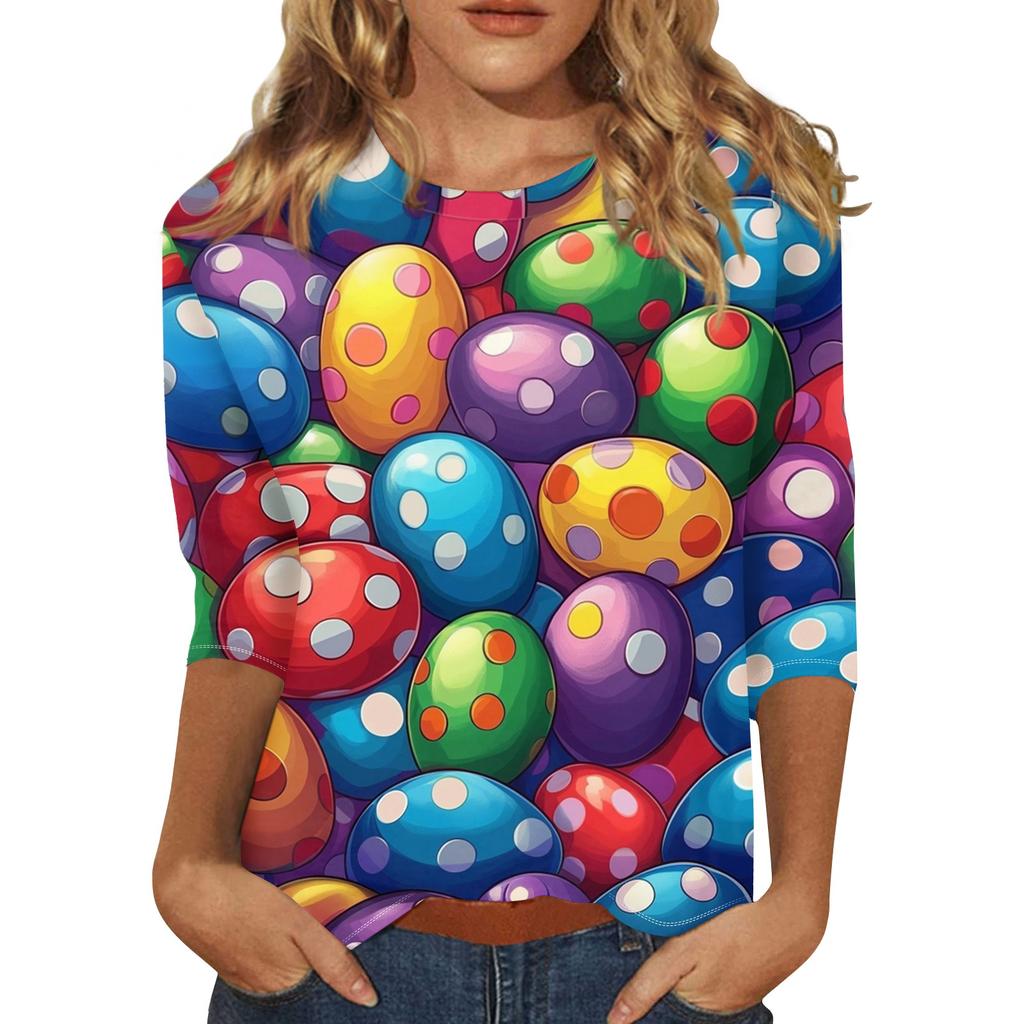 Women's Fashion Loose Casual Seven Sleeve Printed Round Neck Top