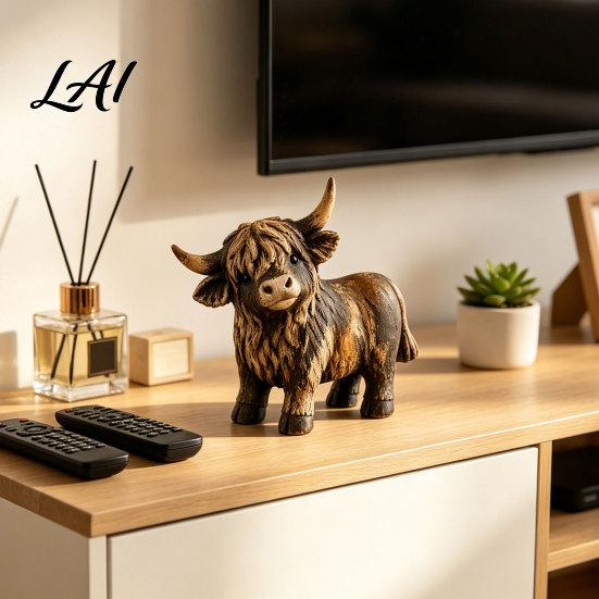 Handmade Highland Cow Gift Farmhouse Figurine Resin Scottish Bull Statue Rustic Hand Carved Crafts Tabletop Ornament Country Style Shelf