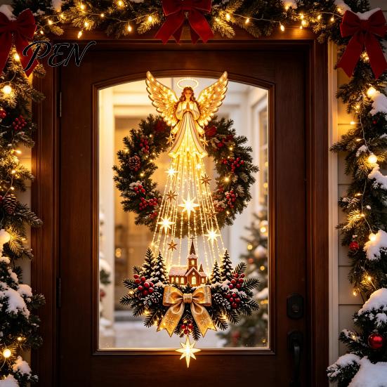 Christmas Wall Decor for Home Lighted Nativity Decor, 3D Gold Bethlehem Scene LED Hanging Light with Decorative Pine Branch Art Warm Glow, Religious