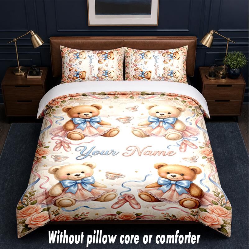 Teddy Bear Theme Custom Text Or Name 3Pcs Bedding Set,1 Flat Sheet & 2 Pillowcases Personalized Home Bedding