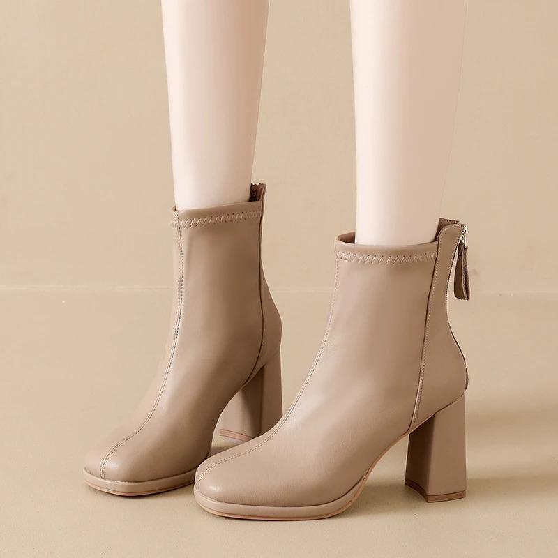 Bazk Zipper Dec Women Ankle Boots 8cm High Heels Sexy Stretch Boots Elegant Sewing Short Plush Warm Winter Woman Shoes