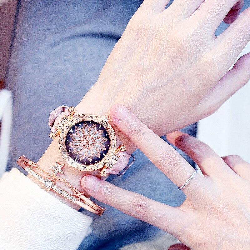 Women Watches Wrist Bracelet Set Starry Sky Ladies Wrist Bracelet Watch Casual Leather Quartz Wristwatch Clock Relogio FemininoCasual Bracelets