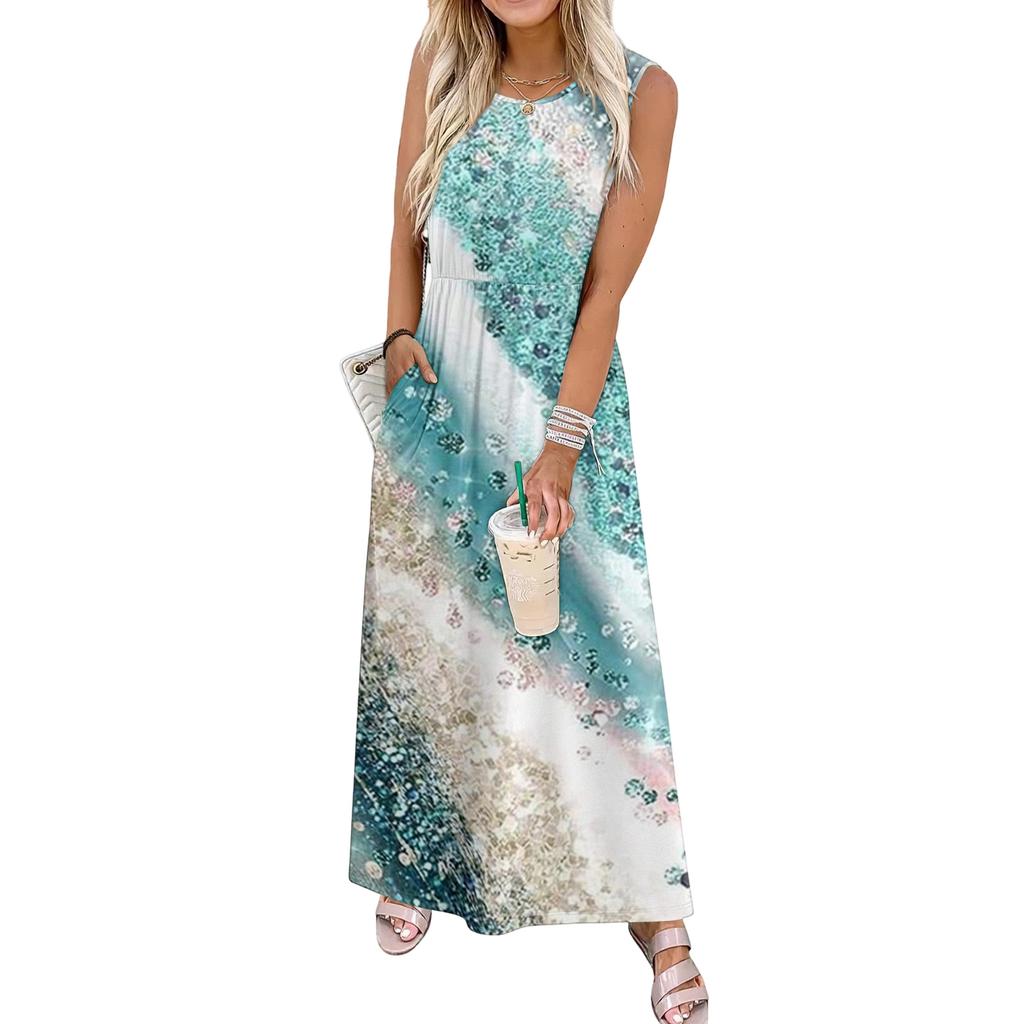 Ladies' Floral Print Casual And Fashionable Waist Cinched Sleeveless Dress