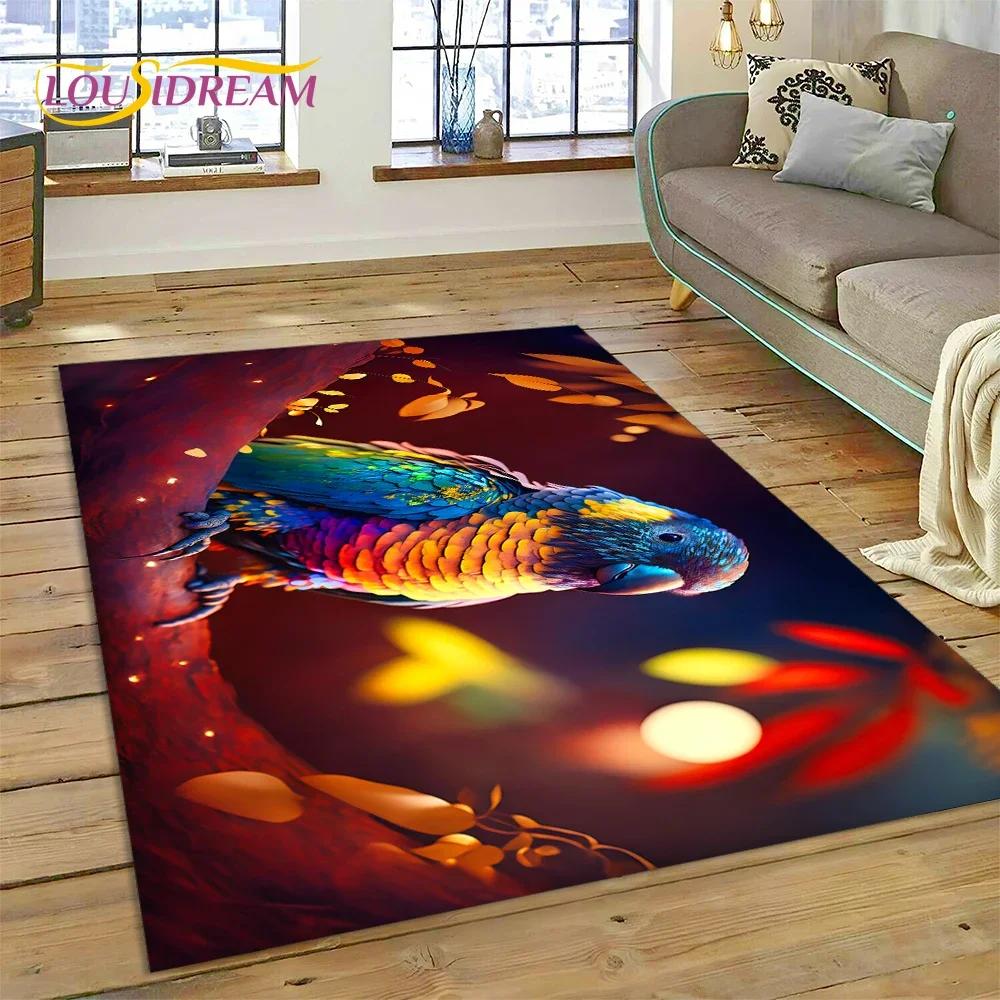 Niedlicher Teppich mit Traumvögeln, Papagei, Pfau, Cartoon-Motiv, für Schlafzimmer, Wohnzimmer, Zuhause, Sofa-Dekoration, Kinderspiel, große Deko-Bodenmatte