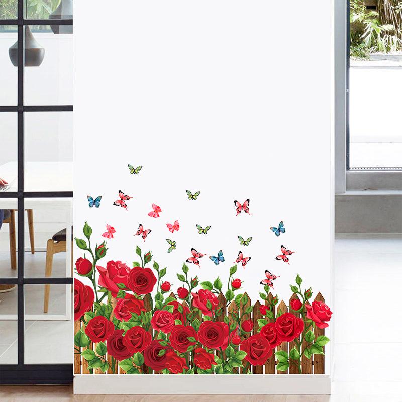 Romantic Red Roses and Butterflies Wall Stickers with Green Plants for Bedroom Entrance Hallway Home Decor
