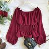 One Shoulder Off Shoulder Chiffon Shirt for Women In Spring and Autumn Women's Waist Cinched Ruffle Edge Shirt