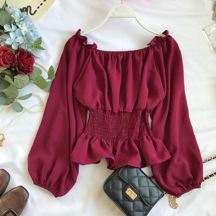 One Shoulder Off Shoulder Chiffon Shirt for Women In Spring and Autumn Women's Waist Cinched Ruffle Edge Shirt