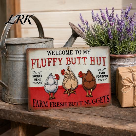 Barn And Coop Wall Art Fluffy Butt Hut Farm Sign, Vintage Chicken Metal Outdoor Sign Weatherproof Rustic Art, for Kitchen Backyard Farmhouse