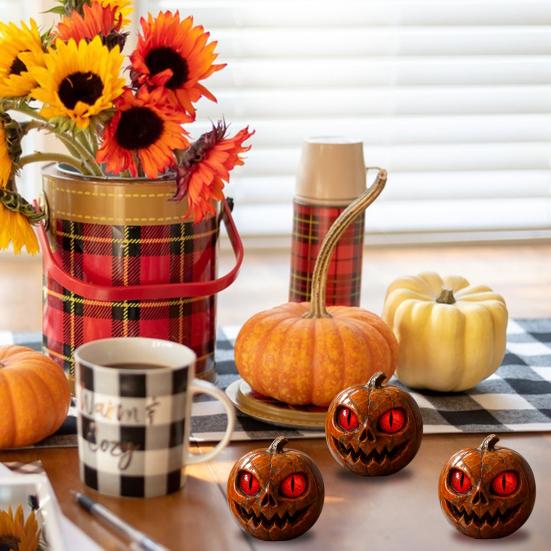 Handmade Red-Eyed Pumpkin Figurine Resin Statue Spooky Atmosphere Halloween Ornament Horror Themed Pumpkin Decor