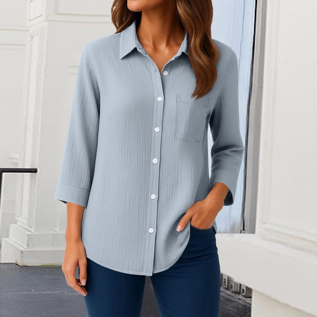 Down Button Womens Shirts 34 Sleeve Casual Collared Shirt Loose Blouses Solid Color Tops With Pocket