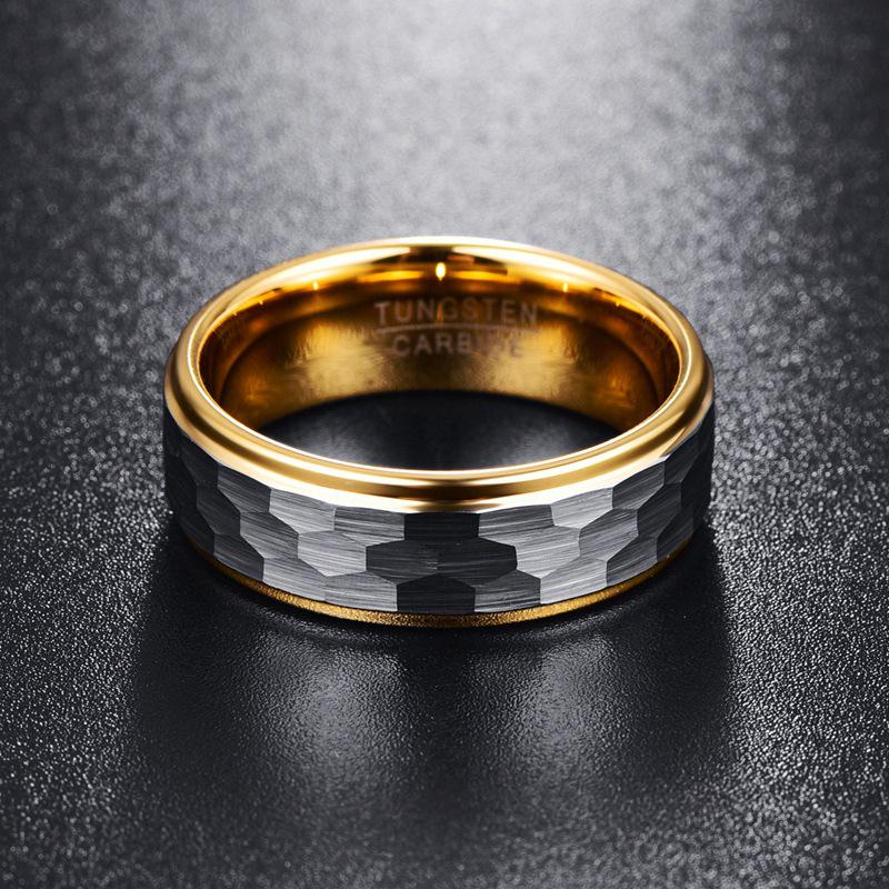 Silver-Gray Matte Hexagonal Tungsten Steel Ring with Gold-Plated Interior (8MM Wide) Men's Size