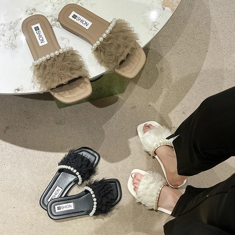 Women's Open-toe Breathable Mesh Upper Pearl Inlaid Slippers Comfortable and Non-rubbing Ladies Outdoor Large Size Women's Shoes