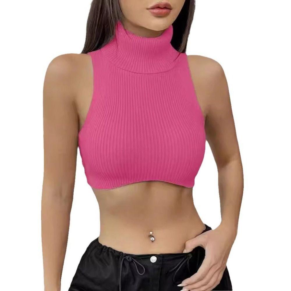 Solid Color Sleeveless Corset Knit Fabric Turtleneck Crop Top New Sexy Slim Vest  Casual Wear
