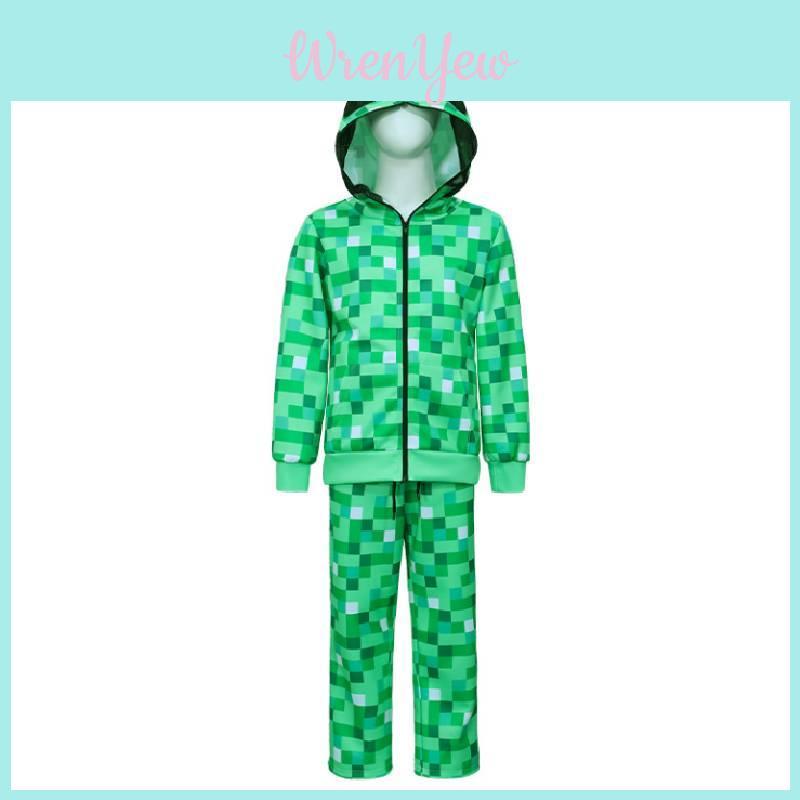 Minecraft Creeper Kids Hoodie And Pants Set With Polyester Fabric For Cosplay And Casual Wear
