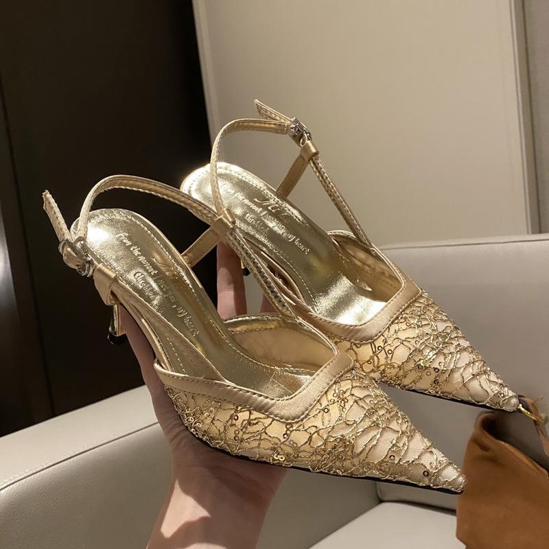 

Summer Baotou back empty high-heeled sandals women s sexy fashion bow rhinestone high-heeled shoes design sense niche 39 золотой