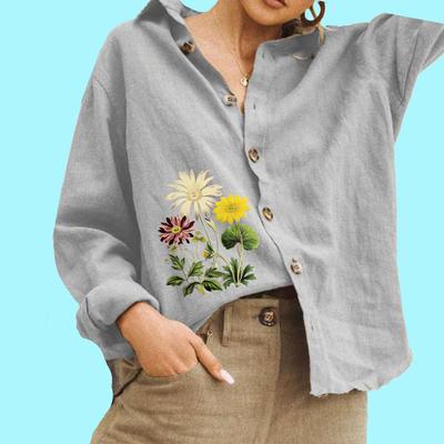 Women Fashion Floral Print Blouse Ladies Cotton Linen Top Casual Button Down Long Sleeve Shirt