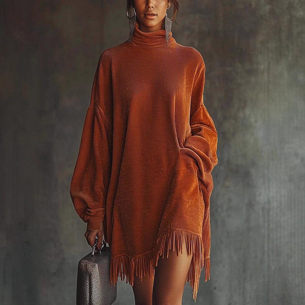 Elegant Loose Fringe Long Sleeve Corduroy Dress 2025