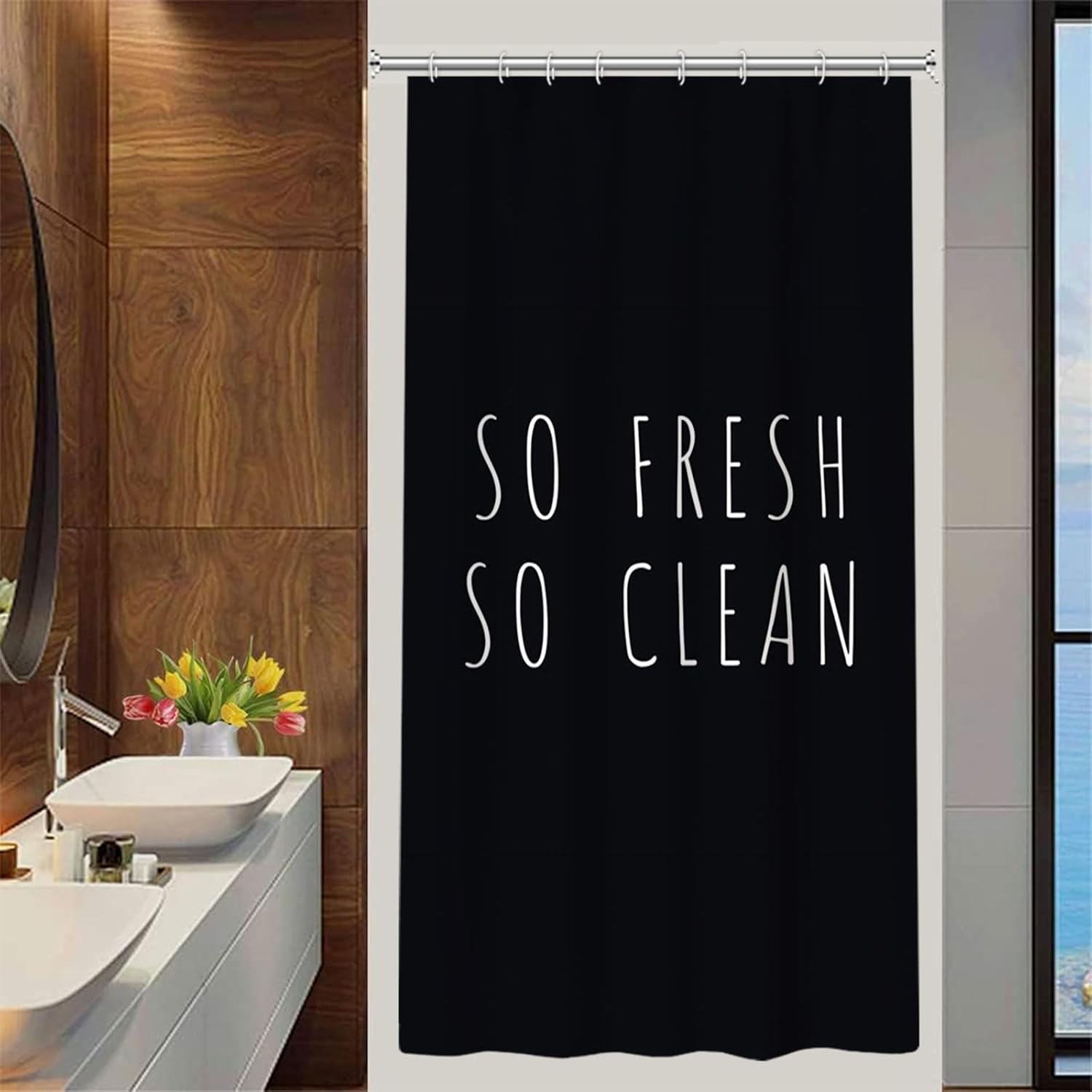 

Black Shower Curtain Waterproof Fabric Polyester So Fresh Clean Letters Funny Bathtub Curtains Modern Unique Bathroom Decoration W60H190(CM)-1 Pcs