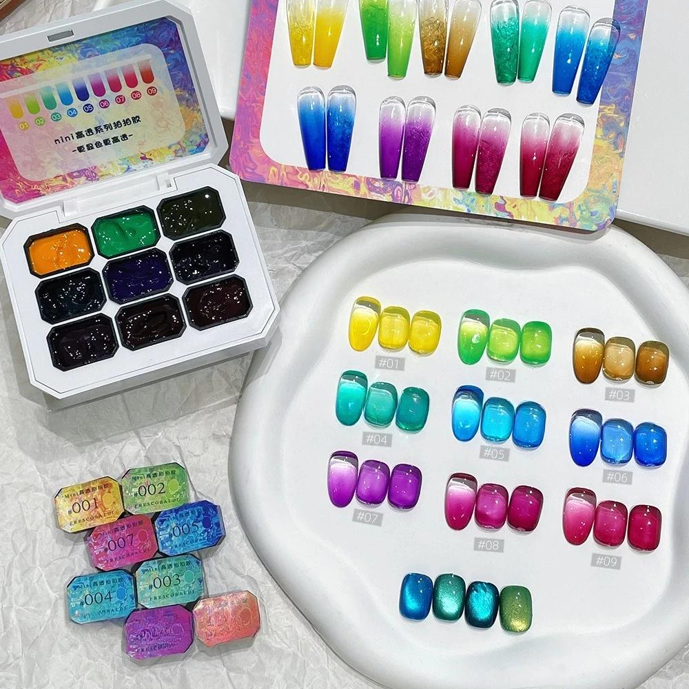 Serie di 9 colori Mini Stile Cinese di Colla Pat Pat Collezione Palette Ombretti Pittura Degradé Smalto per Unghie Glitter per Unghie