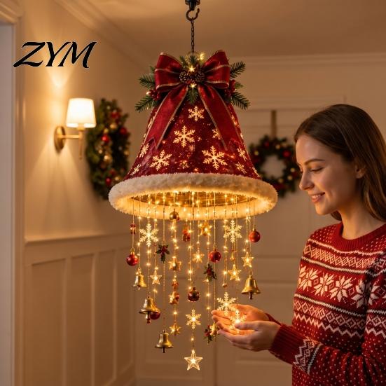 Ornamenti da Soggiorno Interno Decorazione Natalizia da Appendere al Soffitto Illuminata, Ciondolo Campanella Albero Pre-Illuminato con Fiocco di Neve Stella Decorazione LED Caldi, Portico
