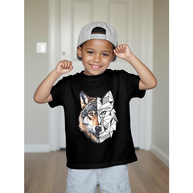European Size Boys Round Neck Short Sleeved T Shirt with Mechanical Werewolf Pattern