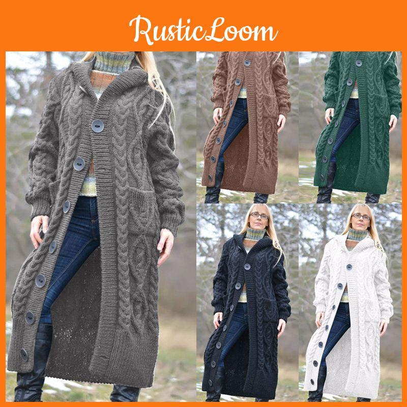 Eleganter Damen Strick-Einreiher-Pullovermantel mit Kapuze und Knopfleiste