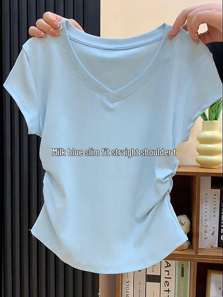 

Женский облегающий топ молочно-желтого цвета с драпировкой, V-образным вырезом и короткими рукавами Extra Large