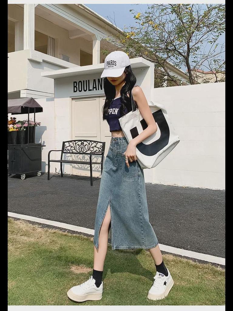 Women's High-Waist Denim A-Line Skirt with Pockets and Slit - Retro Mid-Length Design