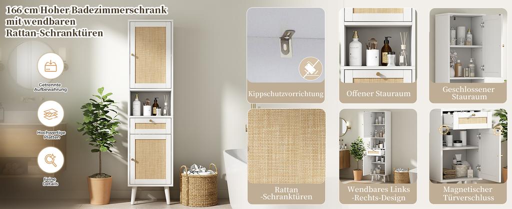 Hoher Stand-Badezimmerschrank, Rattan-Türen, Links-Rechts umkehrbar, Schublade, Magnetverschluss, Soft-Close-Scharniere, 40×30×166 cm, Weiß