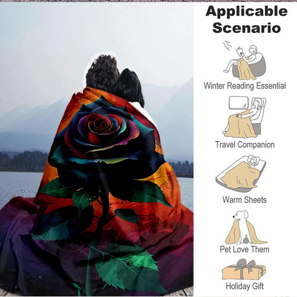 1pc Rainbow Rose Print Blanket - Lightweight Flannel Throw Blanket For Sofa, Bed, Living Room, Office, Outdoor Travel, Camping, Soft All-Season092