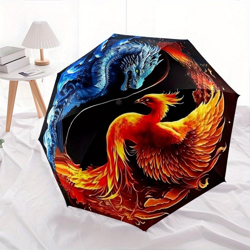 

1pc Blue Dragon and Red Phoenix Fully Automatic Folding Portable Umbrella, 8 Iron Frames, Three-Fold Design, Suitable for All Seasons, Suitable for Ou