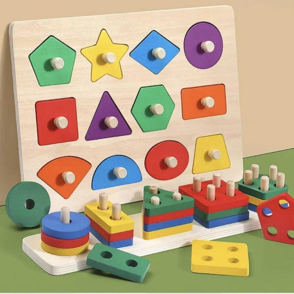 Montessori Geometric Stacking Peg Toy Early Learning Educational Shape Sorting Building Blocks for 1-3 Years Old Boys Girls